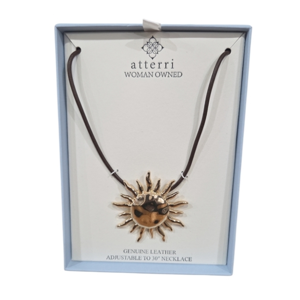 ☀️🔹️Atterri 🔹️ Gold Sunburst Pendant  Genuine Leather Adjustable  30" Necklace